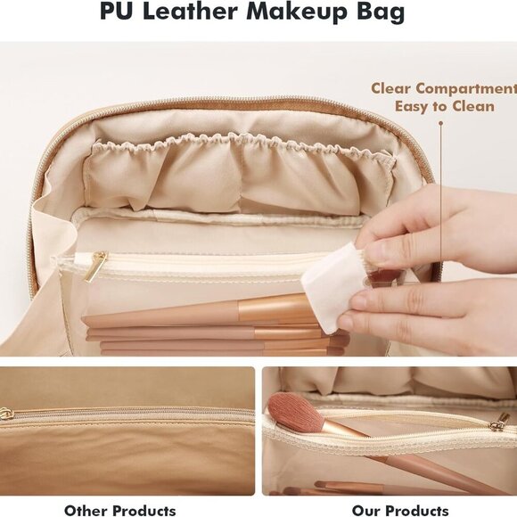 Makeup Bag for Women Travel Waterproof Vegan Leather Cosmetic Bag Open Flat Toil - Picture 6 of 15